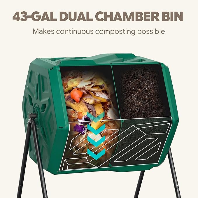 Werph 43 Gallon Compost Bin with Gloves, Fast Assembly & Easy Setup Outdoor Compost Tumbler, Updated Dual Chamber Tumbling Composter for Garden, Kitchen, and Yard Waste, Green