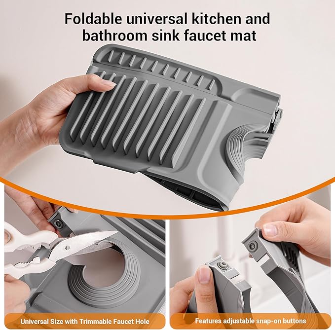 ZJWZLG Faucet Mat for Kitchen Sink, 14"X5.5" Silicone Sink Splash Guard with Soap Holder, Snap-On Design & 7°slope Fast Drain, Folding Sink Faucet Mat for Universal Kitchen Bathroom Sink（Grey）