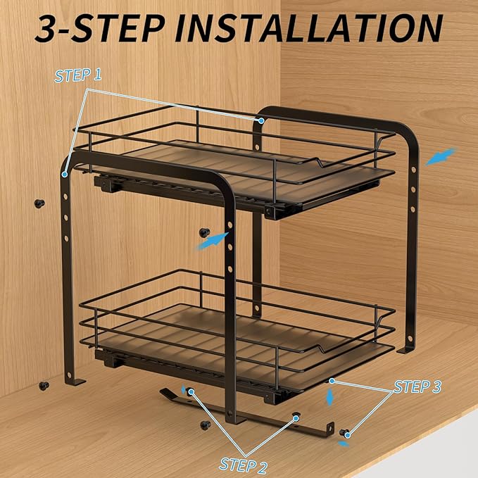 BOIVSHI 2-Tier Spice Rack, Pull Out Spice Racks Organizer for Cabinet, Height Adjustable Heavy Duty Metal Basket for Inside Cabinets & Pantry Closet (7.5''Wx10.5''Dx9.5''H)
