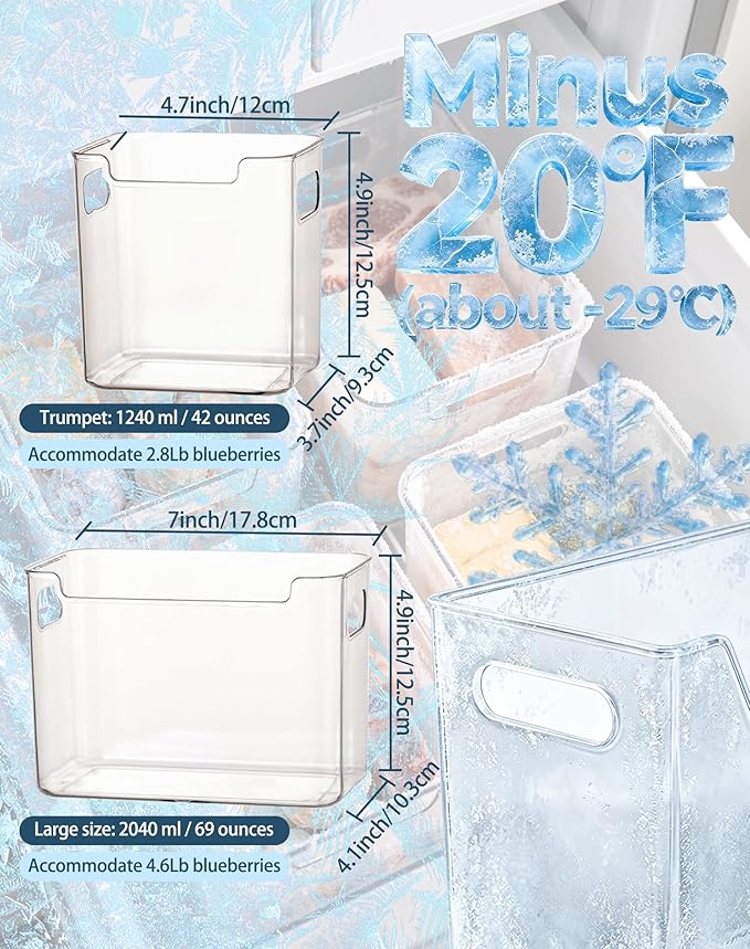 Crystal Clear Freezer Storage Bins - 4 Pack Clear Plastic Bins for Refrigerator and Pantry, Stackable Kitchen Cabinet Organizer with Handles for Frozen Food, Meat & Veggies (4PCS S)