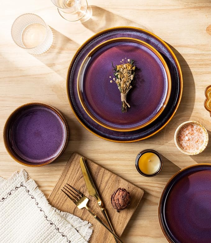 TheTerra Ceramic Dinnerware Sets for 8, 24 Pieces Porcelain Lightweight Plates and Bowls Sets, Scratch Resistant Dish Set, Oven & Microwave & Dishwasher Safe, Amber Amethyst