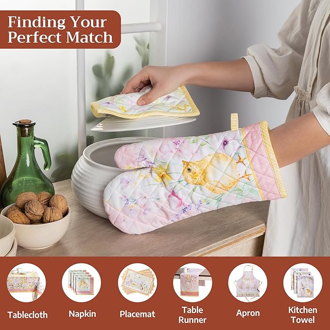 Maison d' Hermine 100% Cotton Oven Mitt & Pot Holder Set (7.5"x13" & 8"x8") Heat Resistant BBQ Cooking Gloves with Loop Baking Grilling Kitchen Gifts for Mothers Day Spring/Summer (Easter Zest)