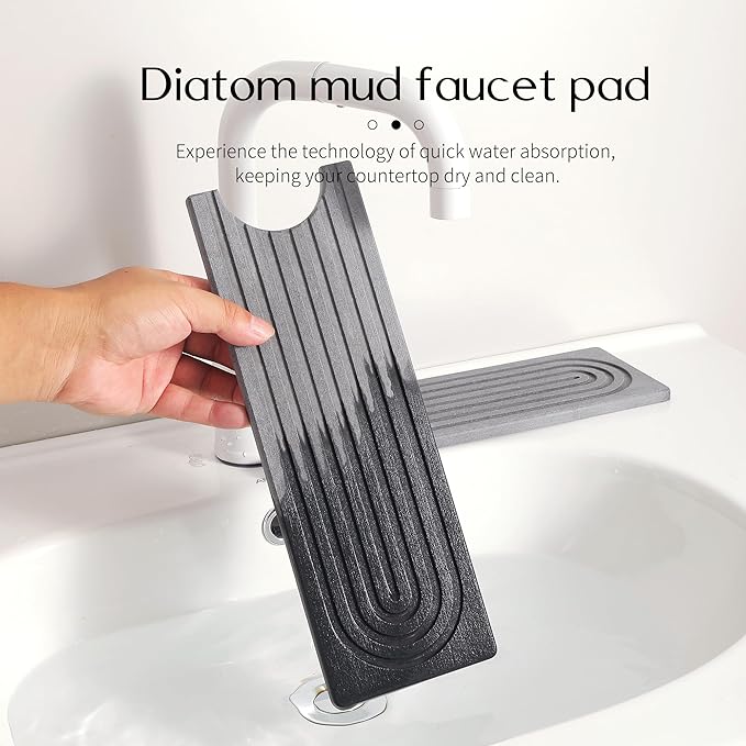Diatomite Sink Splash Guard – Super Absorbent Kitchen & Bath Mat, Quick-Dry Non-Slip Drying Tray, Fits Most Faucets, Pet Bowl Mat, Vase Holder (Premium Gray, 23.6'' x 4'')