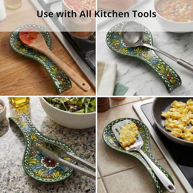 BCS Ceramic Spoon Rest, Large 9” Hand Painted Spoon Holder for Stove Top & Kitchen Counter, Dishwasher Safe & Heat Resistant Utensil Holder, Floral Kitchen Decor, Handmade Pottery