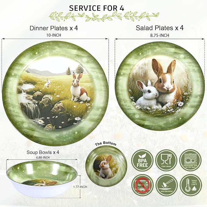 12-Piece Green Bunny Melamine Dinnerware Set，Garden Parties & Everyday Use | Lightweight Melamine Plate & Bowl Set for 4,Shatterproof Dishes Perfect for Family Gatherings & Stylish Dining Room Settings