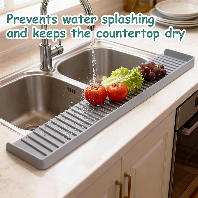 Silicone Sink Edge Protector Splash Guard, 30x4 Inch with Suction Cups & 5°Tilt, Cuttable for Kitchen Bathroom Countertops, Granite Quartz Surfaces (Gray)