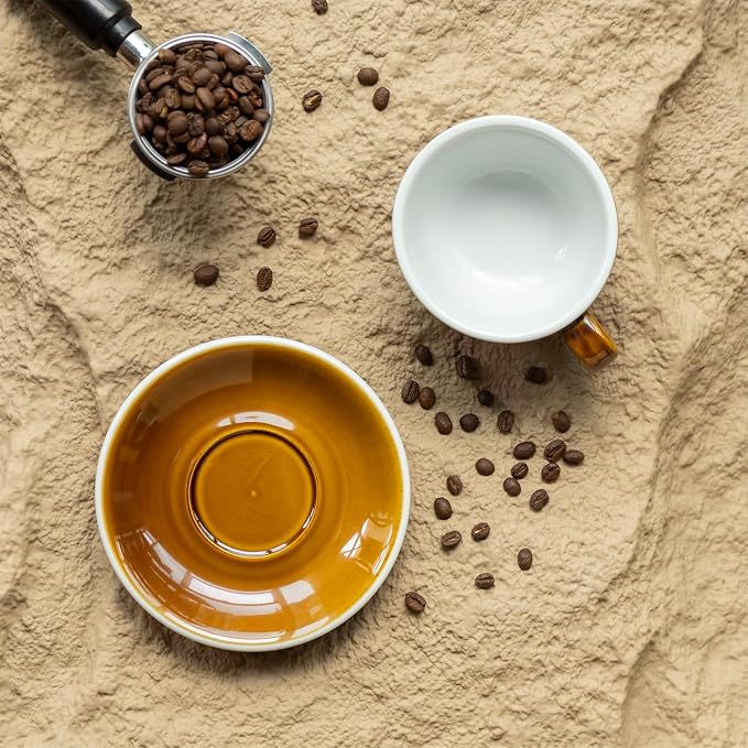 Loveramics Coffee Cup Ceramic, 10 oz Latte Art Cup with Saucer for Cappuccino, Tea, Espresso, Thick - walled stoneware Cappuccino mug Set for Cafe and Barista - Potters Colours (Caramel, 10OZ)