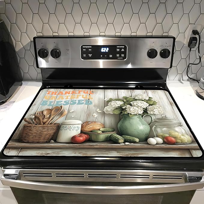 Glass Stove top Cover 28"x 20", Stove Top Covers for Electric Stove, Flat Range Mat for Glass Cooktop, Kitchen Heat-Resistant Protector Non-Slip Drying Mat (Thankful Gratefu Blessed)