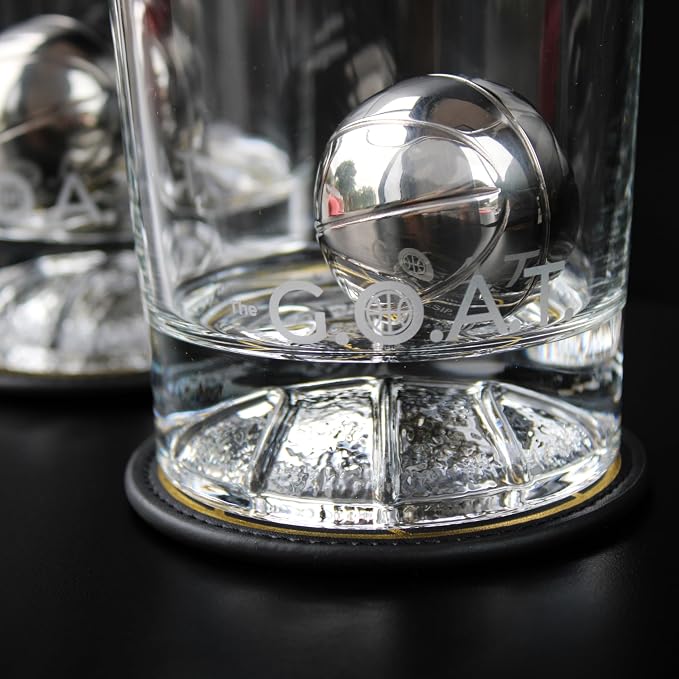 NOBLESIP® Whiskey BASKETBALL Glasses 𝗣𝗥𝗘𝗠𝗜𝗨𝗠 Set: 2 Glasses, 2 Steel Chilling Balls, 2 Coasters. Best for a Player, Coach, Fan to enjoy his Bourbon, Old Fashioned, Cocktail. Whisky men gift