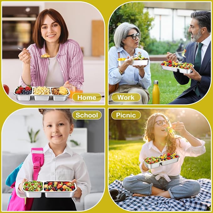 8 Pack Stainless Steel Snack Containers with Leak Proof Lids, 2/3 Compartments Metal Bento Lunch Box, Reusable Divided Food Storage Container for Adults Home Travel Work (Yellow)