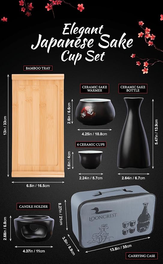 Japanese Sake Cup Set with 6 Ceramic Cups, 1 Ceramic Sake Bottle, 1 Ceramic Sake Warmer, Bamboo Tray, and Cloth Carrying Case | Perfect Hot Sake Set for Authentic Japanese Experience