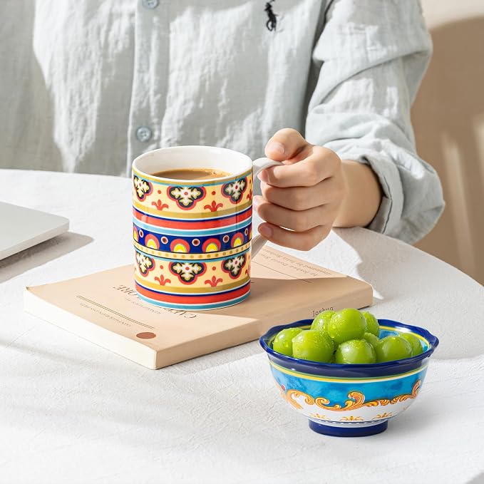 UNICASA Ceramic Coffee Mug Set of 4, 10 oz Colorful Cups with Handle, Boho Style for Latte, Cappuccino, Cocoa, Microwave & Dishwasher Safe