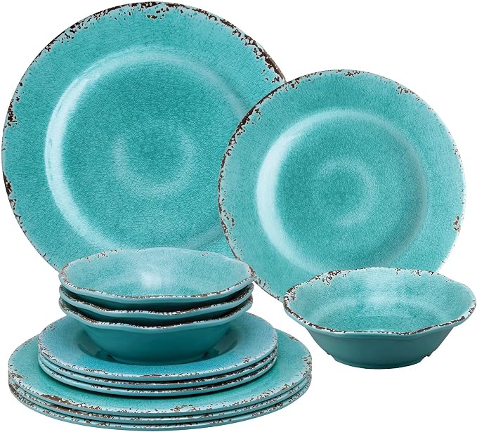 UPware 12 Piece Crackle Melamine Dinnerware Sets, Outdoor Dishes Set, Plates and Bowls Sets, Service for 4, Turquoise