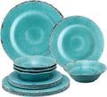 UPware 12 Piece Crackle Melamine Dinnerware Sets, Outdoor Dishes Set, Plates and Bowls Sets, Service for 4, Turquoise