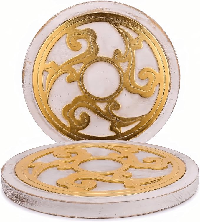 ALLCENER Trivets for Hot Dishes Set of 2, 8 Inch Boho White Washed Wood & Gold Metal Trivet, Heat Resistant Hot Pads for Kitchen Counter and Dining Table, Decorative Pot Holders