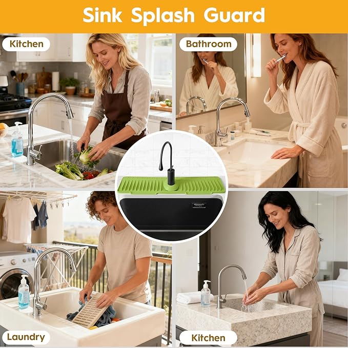 16" Silicone Faucet Mat for Kitchen Sink Released in 2026,8° Slope Fast Self-draining-Kitchen Sink Splash Guard,Bathroom Kitchen Sink Area Water Splash Guard Behind Faucet Draining Mat(Green)