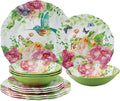 UPware 12 Piece Rose Garden Melamine Dinnerware Sets, Outdoor Dishes Set, Plates and Bowls Sets, Service for 4, Multicolor