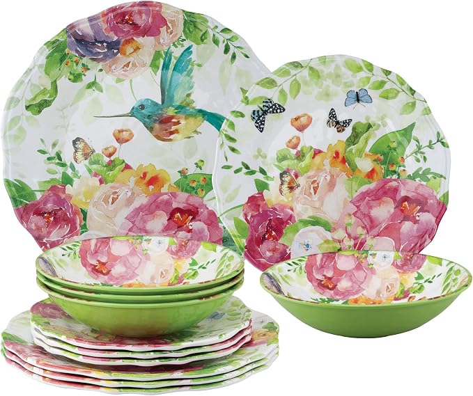 UPware 12 Piece Rose Garden Melamine Dinnerware Sets, Outdoor Dishes Set, Plates and Bowls Sets, Service for 4, Multicolor