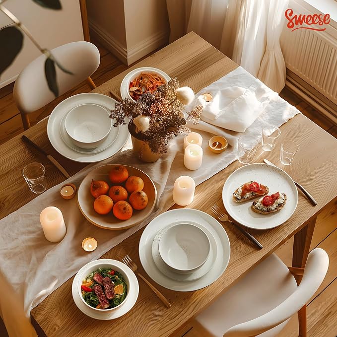 Sweese Dinnerware Sets Service for 4, 12 pcs Matte Speckled Glaze Plates and Bowls Sets, Handmade Ceramic Dish Set, Highly Chip and Crack Resistant Modern Plate Set, White