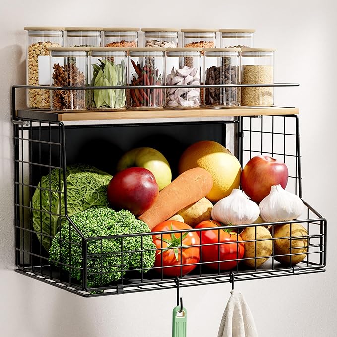 TIDIIABODE Magnetic Shelf for Fridge, Large Container Magnetic Spice Rack for Refrigerator, Fruit Potato and Onion Storage Bins, Magnetic Basket with Wood Lid, Kitchen Counter, Cabinet