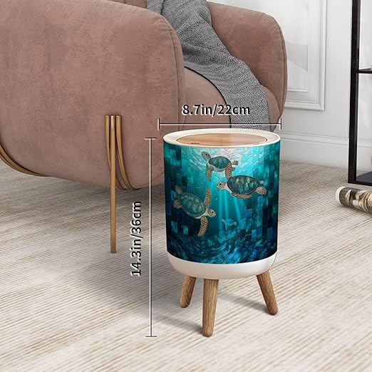 Trash Can with Lid Teal Blue Stained Glass Sea Turtle Underwater Canvas Art Press Top Round Small Garbage Bin with Wooden Legs Waste Basket for Kitchen Bedroom Nursery 7L/1.8 Gallon