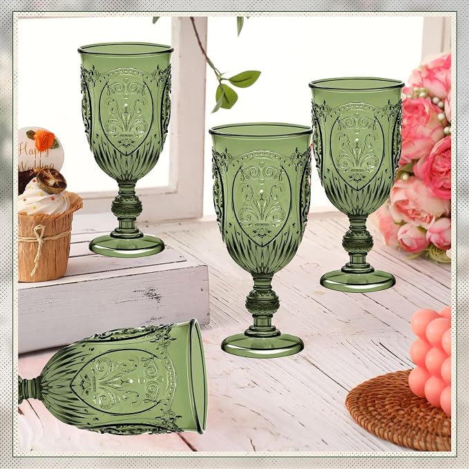Wiwiqing 48 Pcs Plastic Goblets 7.5oz Vintage Goblet Plastic Wine Glasses Colored Retro Embossed Water Goblets for Wine Bar Juice Baby Shower Wedding Reception Grand Event Party (Olive Green)