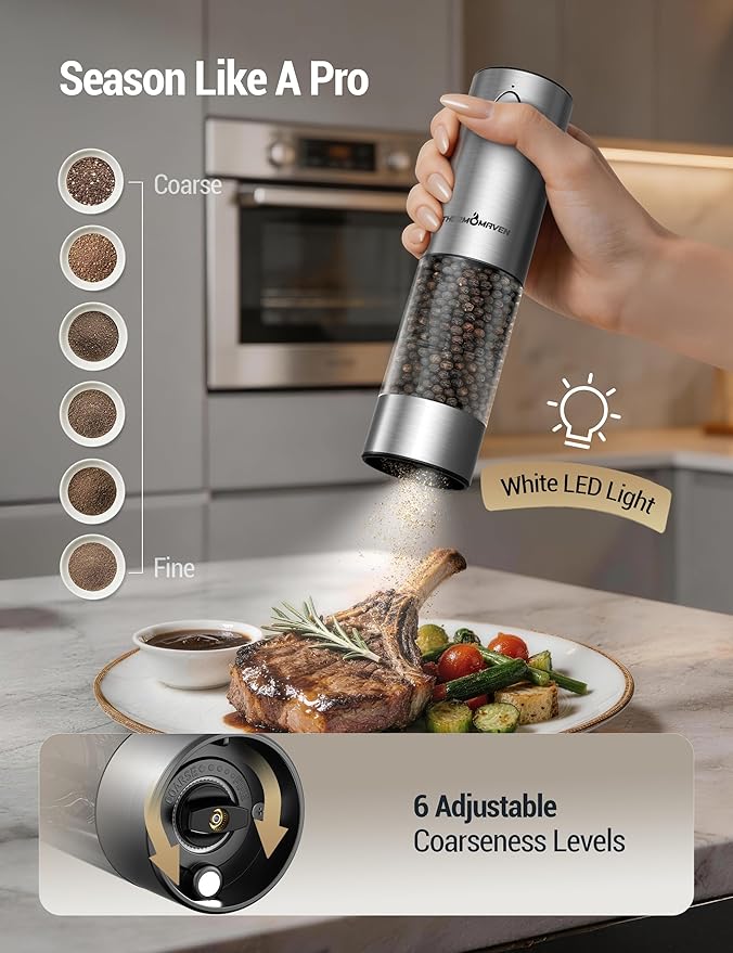ThermoMaven Electric Salt and Pepper Grinder Set, 110ml Larger Rechargeable Automatic Salt and Pepper Mill Grinder with 6 Adjustable Coarseness, Electric Salt and Pepper Shakers, LED, Black Walnut