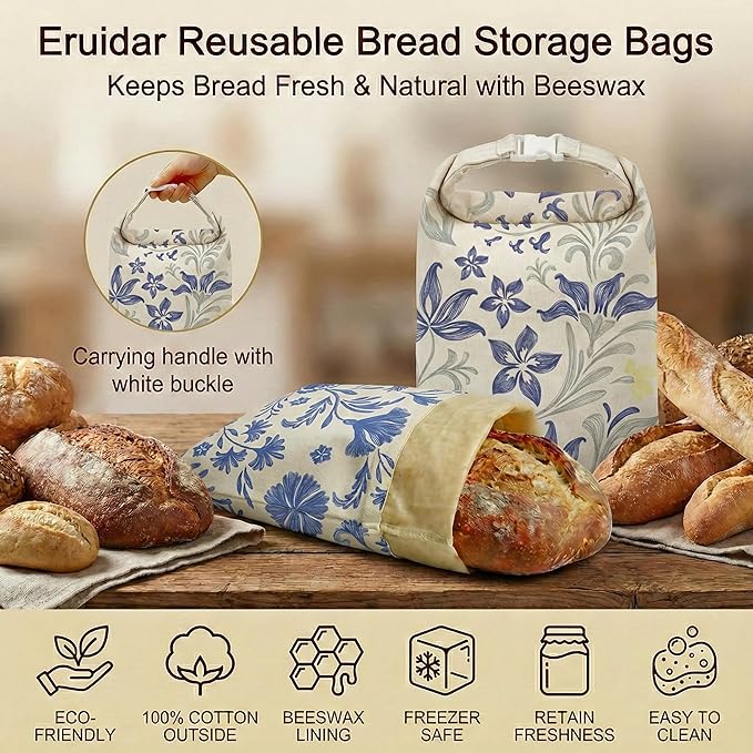 Beeswax Bread Bags for Sourdough & Homemade Bread (2 Pack), XL 13"x17" Large Reusable Cotton & Linen Bread Bag, Keep Loaves Fresh Longer, Natural & Easy to Clean (Classic Blue Floral)