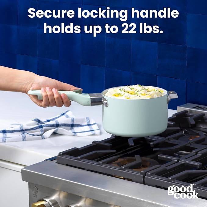 GoodCook Ceramic Sauce Pan with Removable Handle & Lid, Induction Compatible, Nonstick and Oven Safe, 3-Quart, Sage Green