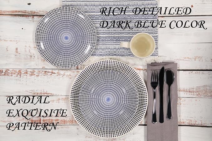 Tudor Royal Collection 12-Piece Round Dinnerware Set, Service for 4, Singapore Design, Blue Spiral, Plates Bowls Dishes, High-Gloss Premium Quality