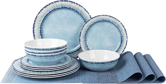 AELS Melamine Dinnerware Set of 12 Pcs Dinner Dishes Set with 4 Placemats for Indoor and Outdoor Use, Dishwasher Safe, Lightweight Unbreakable, BPA Free, Light Blue