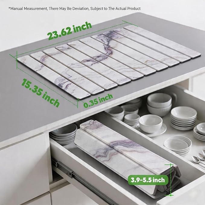 Stone Drying Mat for Kitchen Counter, Quick Diatomaceous Earth Mats for Dishes, 23.6"L x 15.7" W Super Absorbent Fast-Drying Collapsible Countertop Stone Mat (Marble White-06, 24" x 16")