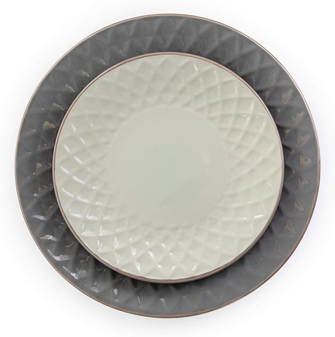 Elama Round Stoneware Collection Dinnerware Dish Set, 16 Piece, Slate and Pearl