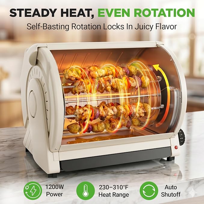 NutriChef Horizontal Rotating Shawarma Oven | Rotisserie, Shawarma & Kebab Machine | Includes Large 22.4 Quart Capacity, 3-Hour Timer & 6 Kebab Skewers | Ideal for Chicken,Turkey & Lamb | White