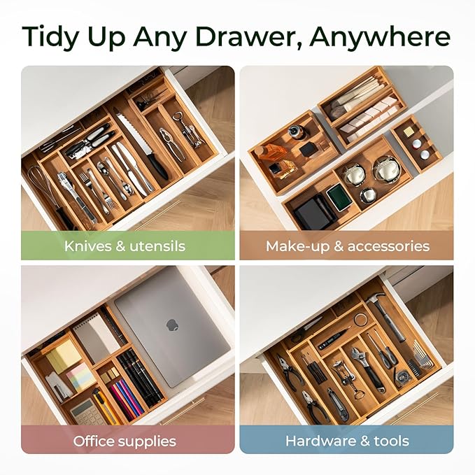 keechee 6-Piece Bamboo Drawer Organizer Set, 2.2" Deep Multi-Use Organizers for Utensils, Silverware, Cutlery, Desk, Bathroom, Junk Drawer & Makeup, Non-Slip Feet Included.
