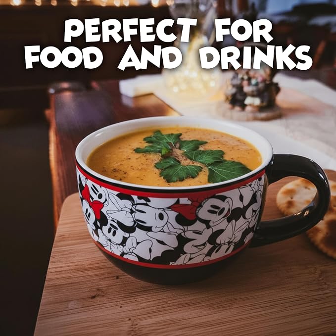 Silver Buffalo Disney Minnie Mouse Ceramic Soup Mug, 24oz | Mickey and Friends pattern artwork, Large capacity ceramic mug, Colorful character design, Ideal for soups and noodles