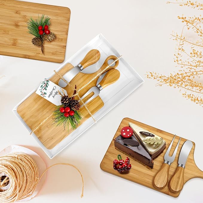 6 Set Christmas Gifts Bridal Shower Favor Bamboo Wooden Square Cheese Board Gift Set Cheese Knives Mini Cutting Board Bulk Set Tags and Boxes Christmas Party Neighbor Xmas Baking Supplies Decoration