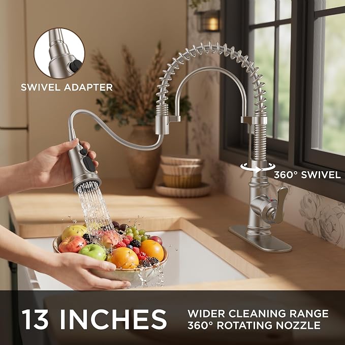 FORIOUS Kitchen Faucet with Pull Down Sprayer, Stainless Steel Single Handle Spring Antique Kitchen Sink Faucet with Deck Plate, Sutiable for Farmhouse, RV, Camper, Wet Bar, Brushed Nickel