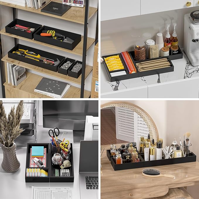 Lixple Bamboo Drawer Organizer, Cutlery Silverware Organizer for Kitchen Drawer, Stackable Utensil Organizer, 2 Pcs Flatware Organizer, Wooden Storage Box Tray (Black, 12 X 6 X 2 Inch)