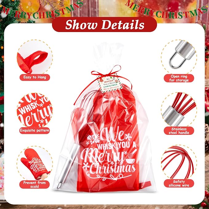LemonRoad 12 Sets Christmas Whisk Baking Gift Set Xmas Silicone Whisks Oven Mitt Pot Holder Greeting Cards Ribbon Bags for Holiday Kitchen Utensils Cooking Supplies Neighbor Gift(Exquisite,Red)