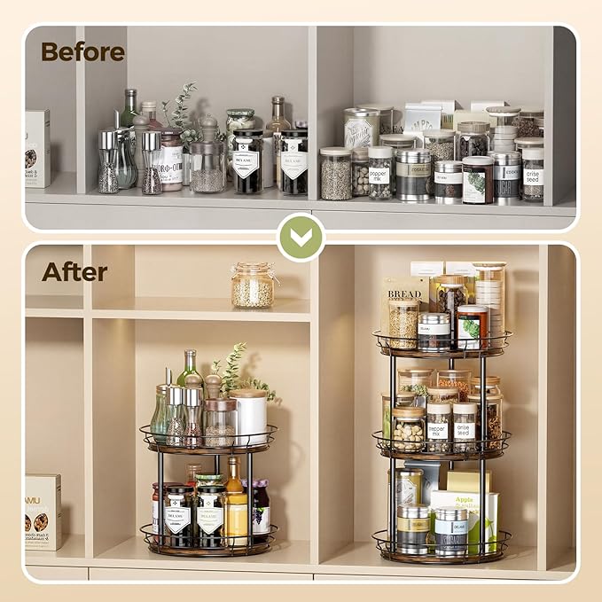 LAMU 10'' Lazy Susan Turntable Organizer, 2 Tier Round Rotating Spice Rack Organization for Kitchen Cabinet and Countertop, Wooden Lazy Susan for Table Top, Pantry, Bathroom, Vanity, Home Decor