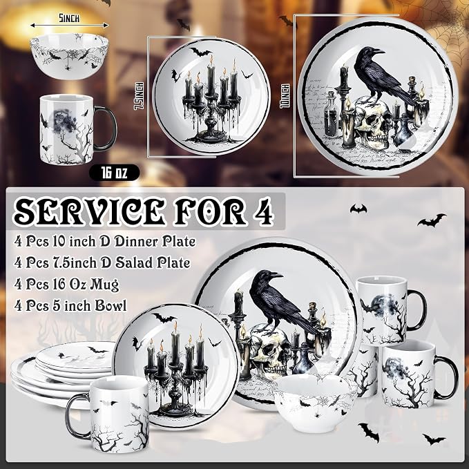 Pickmesh 16 Pcs Halloween Gothic Ceramic Dinnerware Serve for 4 Guest Holiday Dinner Festive Collection Gifts Spooky Kitchen Decoration Holly Ivy Dessert Plate Bowl Mug for Holiday Party