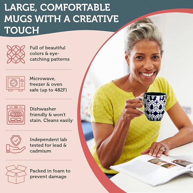 Annovero Large Coffee Mug Set of 6 - Porcelain Cups for Women or Men - Microwave & Dishwasher Safe, Chip Resistant, Zero Lead & Cadmium, for Tea, Cocoa, or Hot Chocolate, 16 Fluid Ounce Capacity