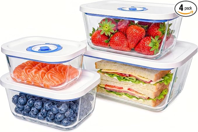 Elmond Borosilicate Glass Vacuum Containers (4-Size Set S M L XL)– Universal Compatible with Nozzles 2.4-3.8cm/0.95-1.5 in – For Handheld & Desktop Sealers