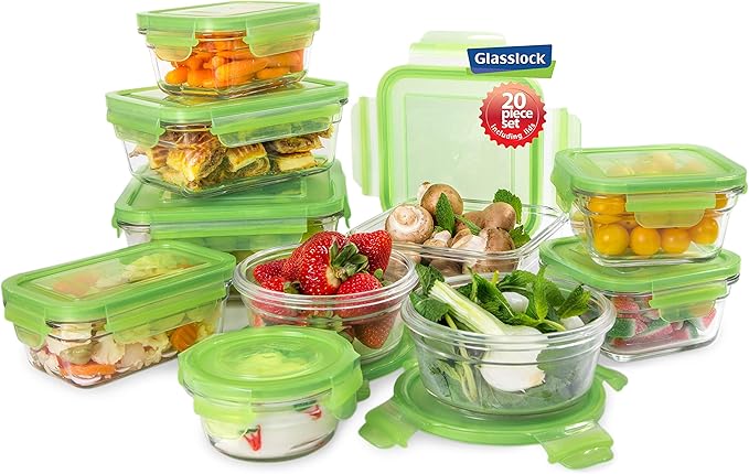 Tempered Glasslock Storage Containers 20pc set Green Lids Microwave & Oven Safe Airtight Anti Spill Proof
