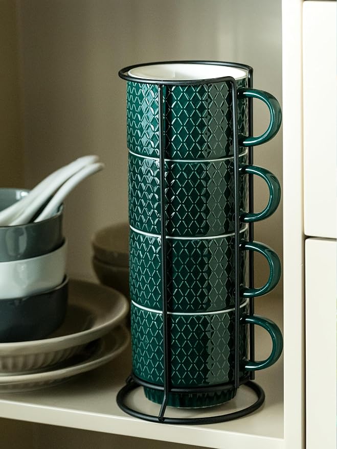 LYEOBOH Coffee Mug Set Porcelain Stackable Coffee Mugs with Stand and Spoons, 13 OZ. Cappuccino Cup Demitasse Cups for Drinks, Espresso, Latte,Set of 4, Dark Green