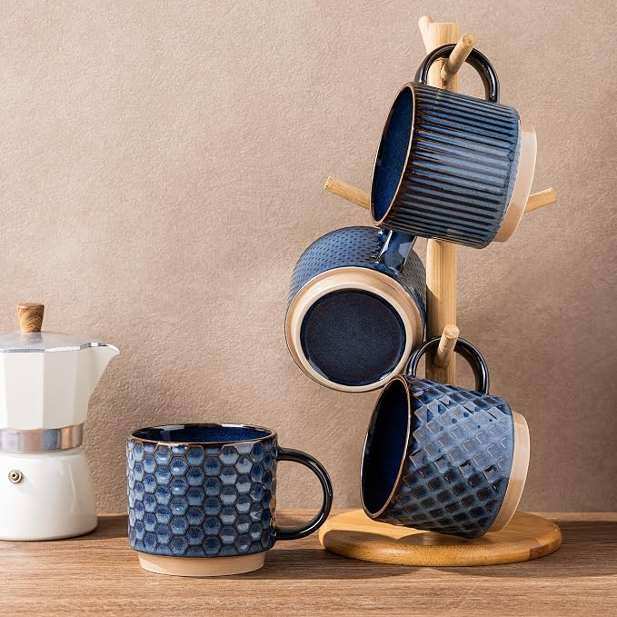 GBhome 12 OZ Stackable Coffee Mugs Set of 6, Ceramic Coffee Cups with Texture Patterns for Man,Woman,Dad,Mom, Modern Coffee Cups for Latte/Cappuccino/Cocoa. Dishwasher&Microwave Safe