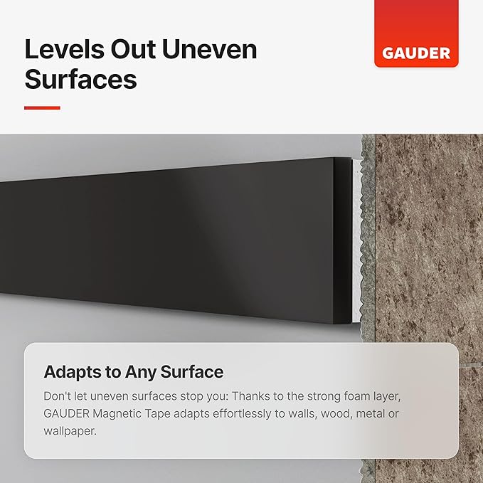 GAUDER Self-Adhesive Magnetic Tape Strong - Foam Adhesive Magnetic Strips for Uneven Surfaces - High Strength Magnet Roll with Enhanced Adhesion and Optimized Force (10 ft x 0.6 in)