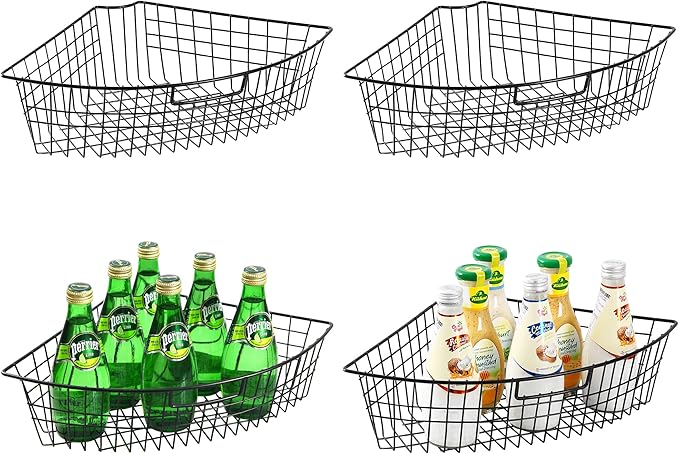 Leeden Lazy Susan Wire Storage Organizer Basket with Handle-Metal Cabinet Storage Bins -Kitchen Cabinet Organizer-1/4 Wedge Can Organizer Black (for 24" Lazy Susan, 4 Pack)