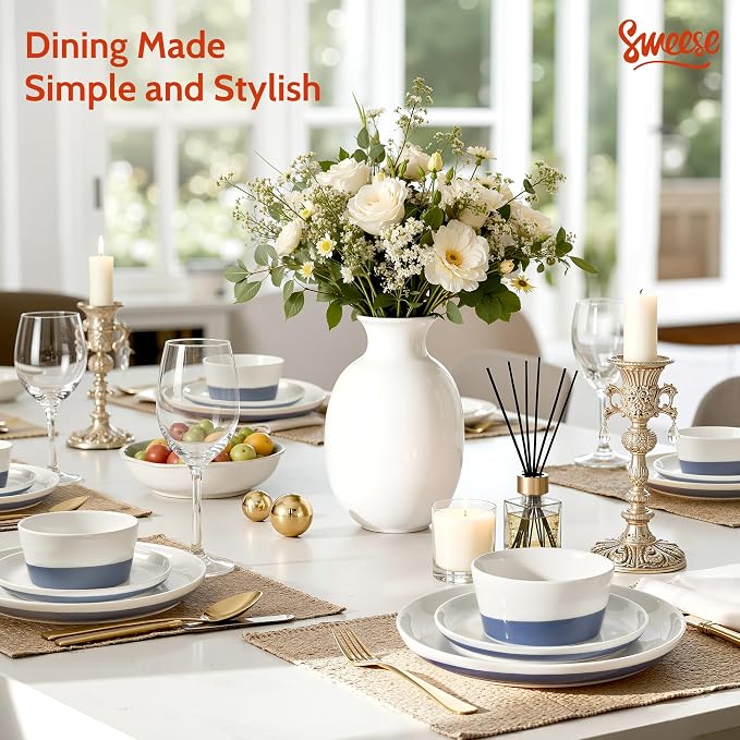Sweese 18 Pieces Porcelain Dinnerware Set, Modern Dish Set for 6, Hand Painted Kitchen Plates and Bowls Sets, Scratch Resistant Dishware Sets, Dishwasher & Microwave & Oven Safe Dinner Set, Blue